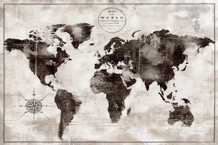Rustic World Map Black and White by Marie-Elaine Cusson art print