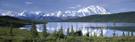 Snow Covered Mountain Range At The Lakeside, Mt Mckinley, Wonder Lake, Alaska by Panoramic Images art print