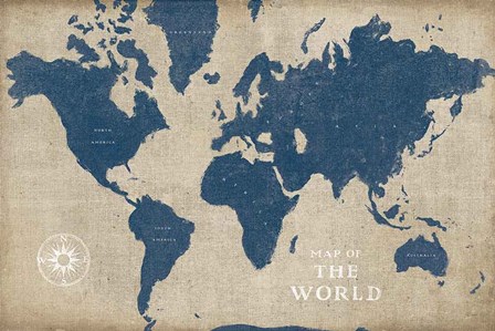 Burlap World Map I Navy by Sue Schlabach art print