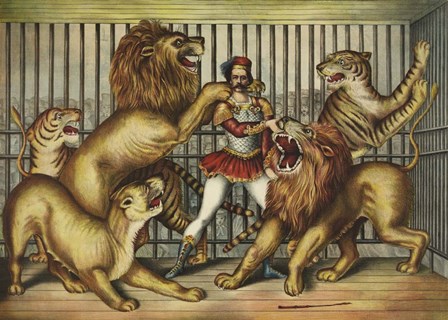 Lion Tamer in Cage with Lions and Tigers by Stocktrek Images art print