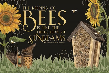 Honey Bees &amp; Flowers Please landscape on black IV-Sunbeams by Tara Reed art print