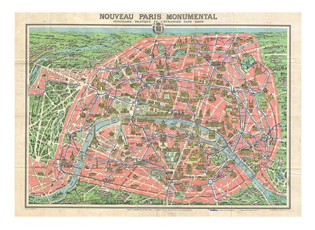 Map of Paris circa 1931 including monuments art print