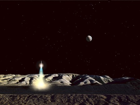 Moonship Lifts Off from the Lunar Hills by Frank Hettick/Stocktrek Images art print