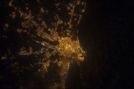 Nighttime image of Valencia on the Mediterranean Coast of Spain by Stocktrek Images art print
