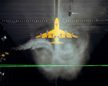 Wake Vortex flow visualization tests of a Boeing 747 Model by Stocktrek Images art print
