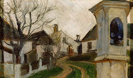 Bare Trees, Houses, and Shrine (Klosterneuburg, Austria) by Egon Schiele art print