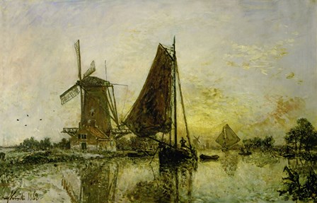 Boats Near Mills In Holland, 1868 by Johan Barthold Jongkind art print