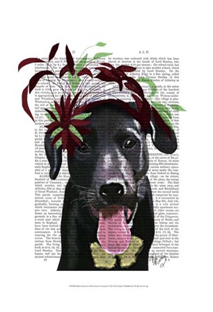 Black Labrador With Green Fascinator by Fab Funky art print