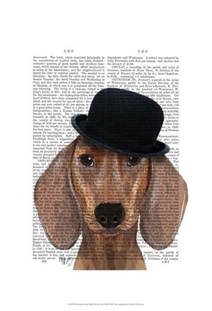 Dachshund with Black Bowler Hat by Fab Funky art print