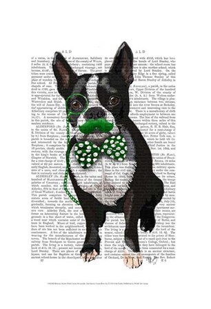Boston Terrier With Green Moustache And Spotty Green Bow Tie by Fab Funky art print
