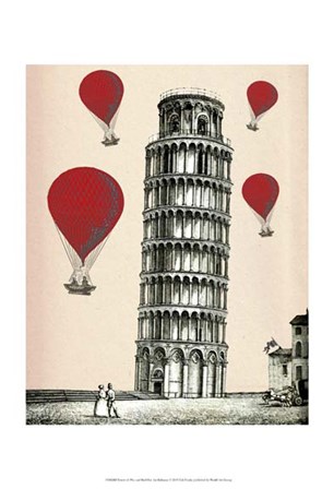 Tower of Pisa and Red Hot Air Balloons by Fab Funky art print