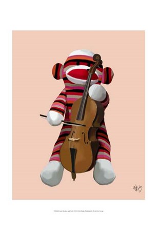 Sock Monkey and Cello by Fab Funky art print