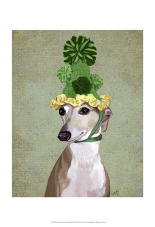 Greyhound in Green Knitted Hat by Fab Funky art print