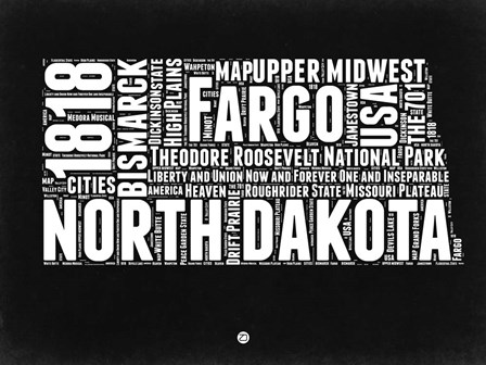 North Dakota Black and White Map by Naxart art print