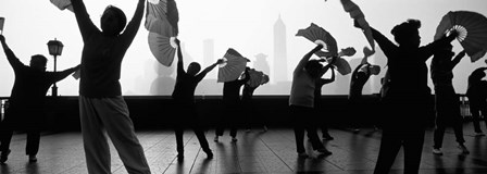 Morning Exercise, The Bund, Shanghai, China BW by Panoramic Images art print