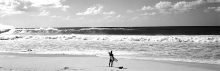 Surfer standing on the beach, North Shore, Oahu, Hawaii BW by Panoramic Images art print