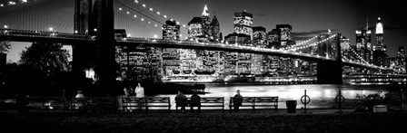 Suspension bridge lit up at dusk, Brooklyn Bridge, Manhattan, NY by Panoramic Images art print