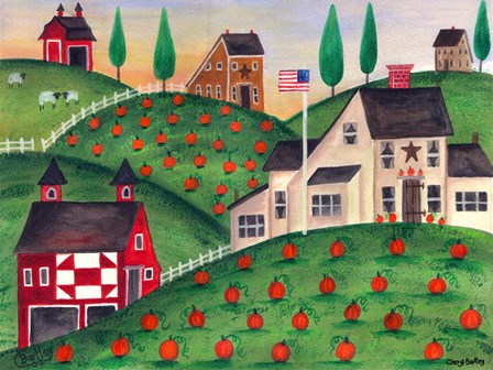 Pumpkin Red Barn Folk Art by Cheryl Bartley art print