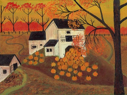 Pumpkin Barn Autumn Folk Art by Cheryl Bartley art print
