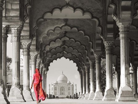Woman in traditional Sari walking towards Taj Mahal (BW) by Pangea Images art print