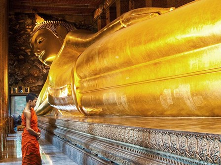 Praying the reclined Buddha, Wat Pho, Bangkok, Thailand by Pangea Images art print