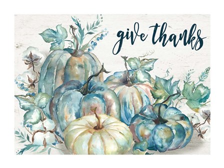 Blue Watercolor Harvest Pumpkin Landscape Give Thanks by Tre Sorelle Studios art print