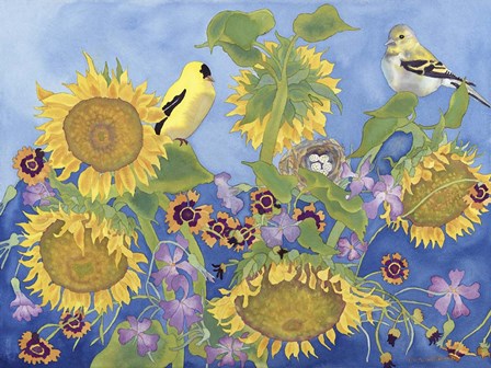 Goldfinches With Sunflowers by Carissa Luminess art print