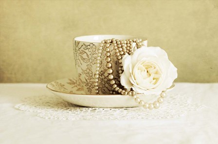 Antique Cup and Saucer with White Flower and Pearls by Tom Quartermaine art print
